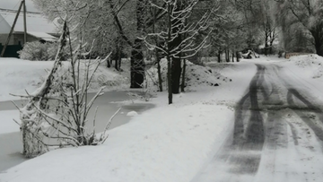 Zimowy krajobraz z zasypaną śniegiem drogą i zamarzniętą wodą